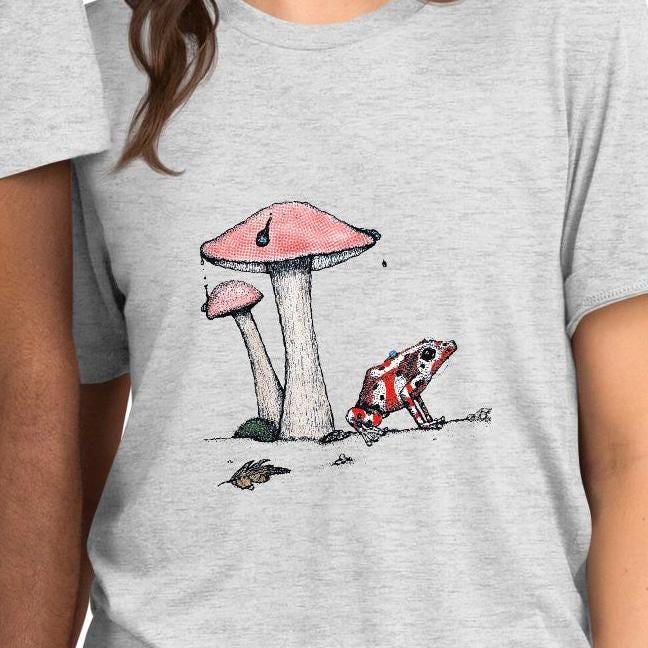 Poison Dart Frog And Mushroom T Shirt Bella Canvas Tri Blend Nature Art By aGuyWithMSthatDraws Unisex Hand Drawn - aGuyWithMSthatDraws