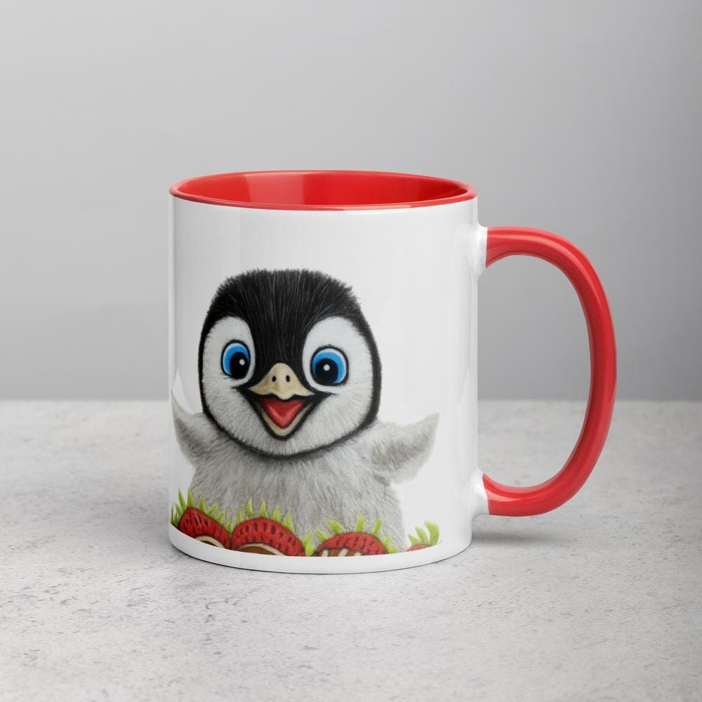 Strawberry Penguin • Hand Drawn Ceramic Mug • 11oz & 15oz - aGuyWithMSthatDraws