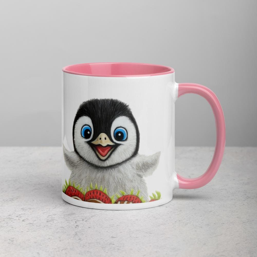 Strawberry Penguin • Hand Drawn Ceramic Mug • 11oz & 15oz - aGuyWithMSthatDraws