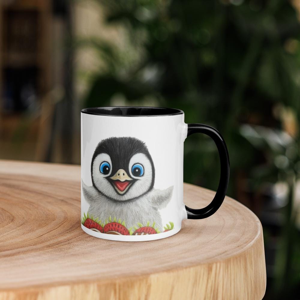 Strawberry Penguin • Hand Drawn Ceramic Mug • 11oz & 15oz - aGuyWithMSthatDraws