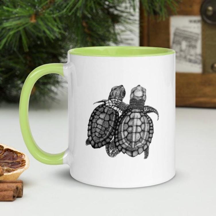Turtle Duo Mug Hand Drawn Ocean Art Coffee Cup White Ceramic Be You Collection Colorful Handle Interior - aGuyWithMSthatDraws