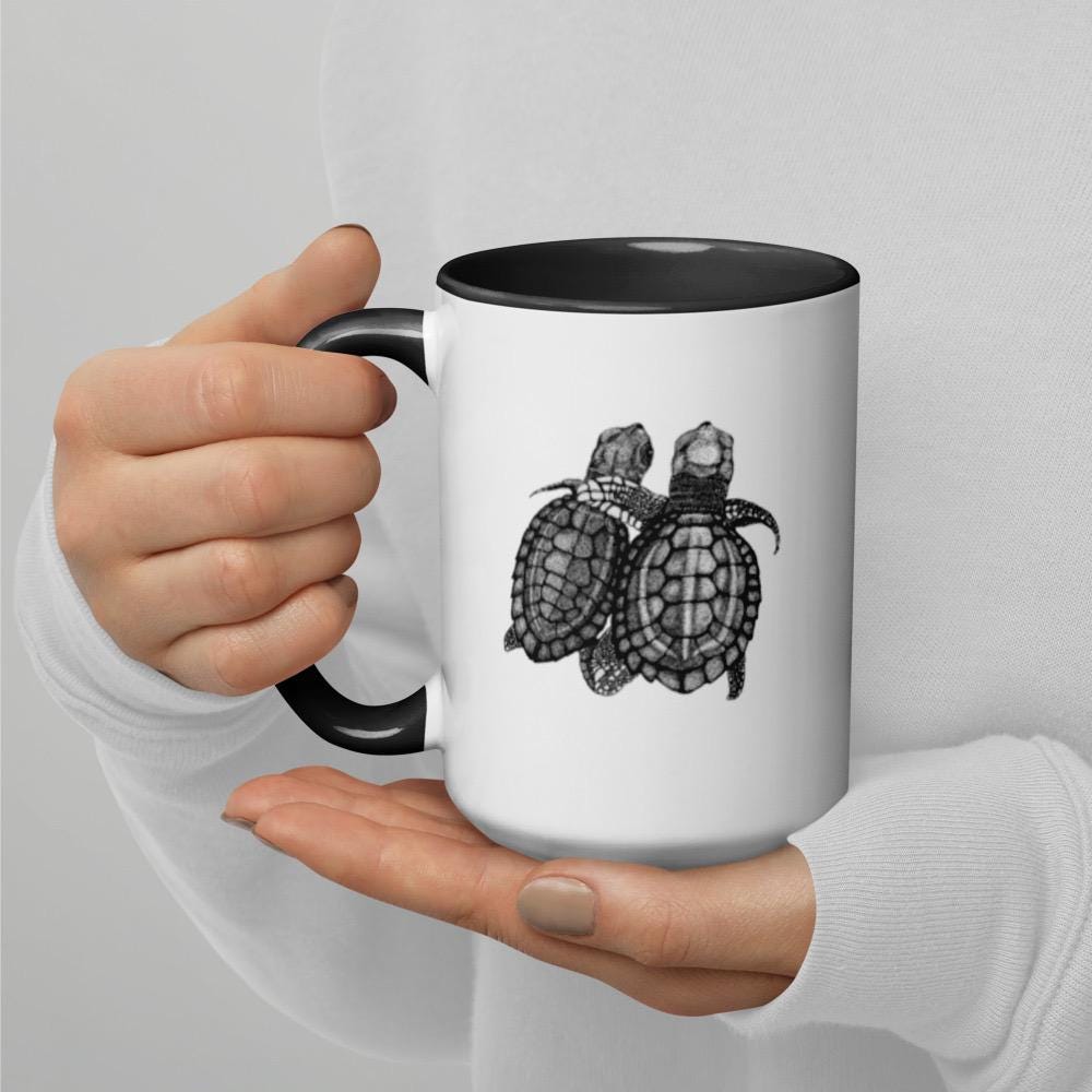 Turtle Duo Mug Hand Drawn Ocean Art Coffee Cup White Ceramic Be You Collection Colorful Handle Interior - aGuyWithMSthatDraws