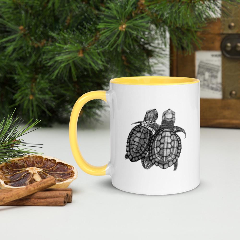 Turtle Duo Mug Hand Drawn Ocean Art Coffee Cup White Ceramic Be You Collection Colorful Handle Interior - aGuyWithMSthatDraws