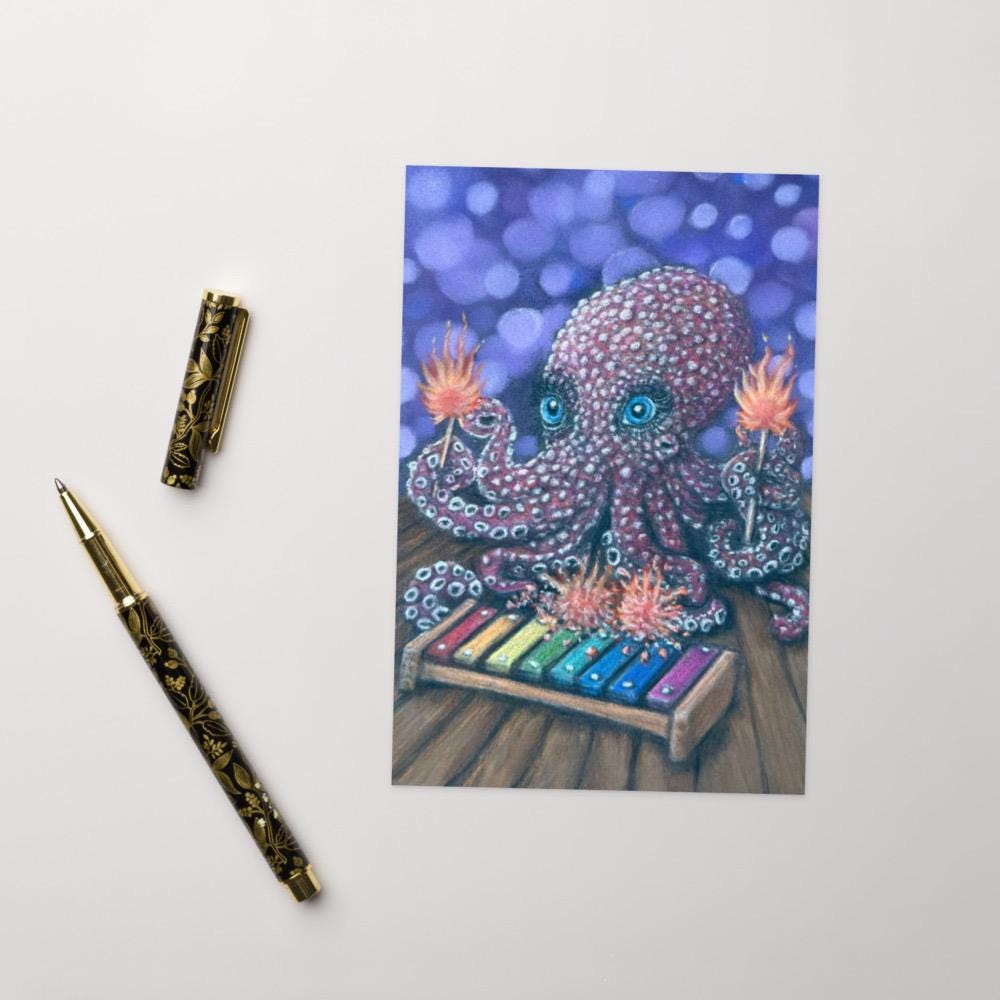 Whimsical Octopus Playing a Xylophone Greeting Card with Hand Drawn Pastel Artwork for Animal Lovers and Music Fans - aGuyWithMSthatDraws