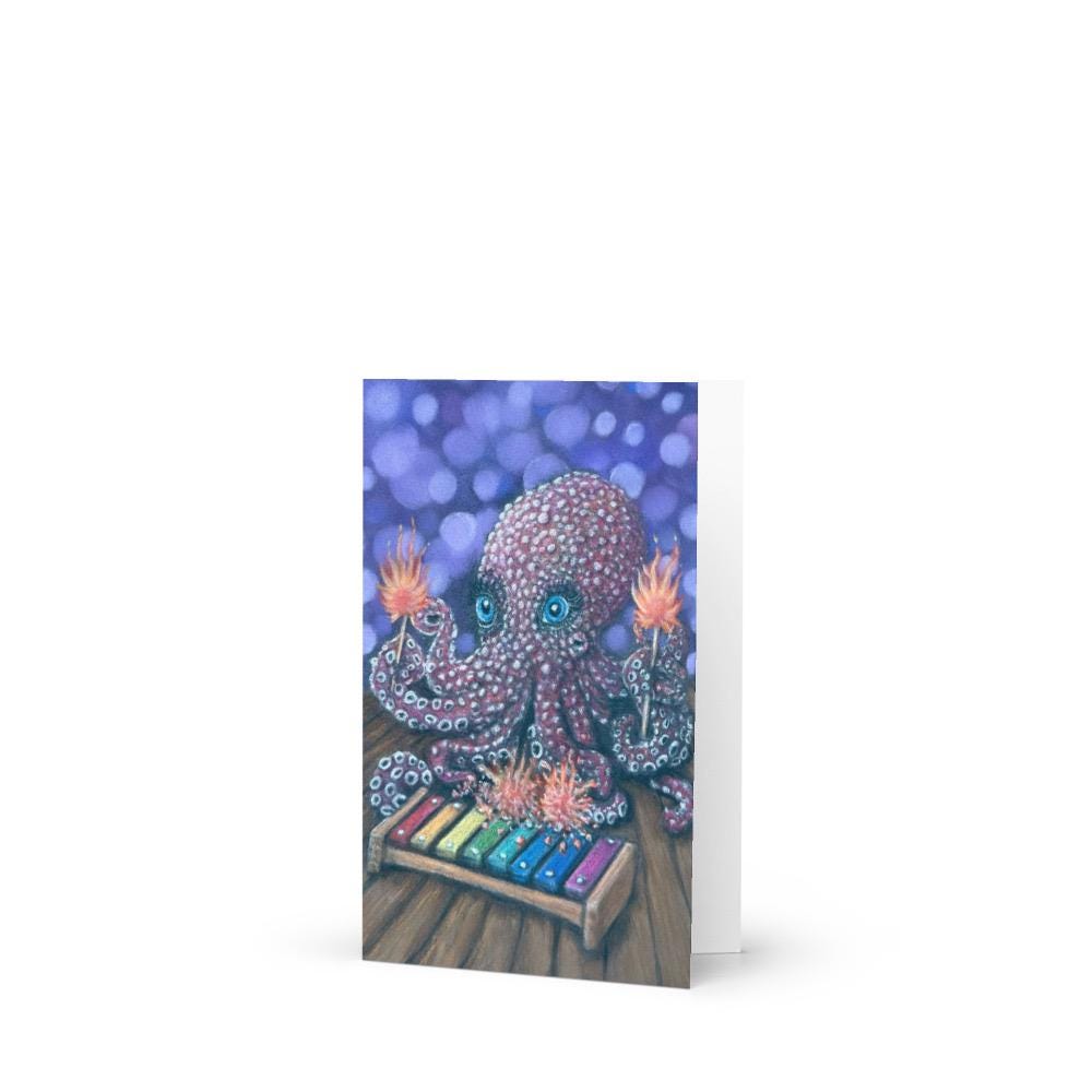 Whimsical Octopus Playing a Xylophone Greeting Card with Hand Drawn Pastel Artwork for Animal Lovers and Music Fans - aGuyWithMSthatDraws