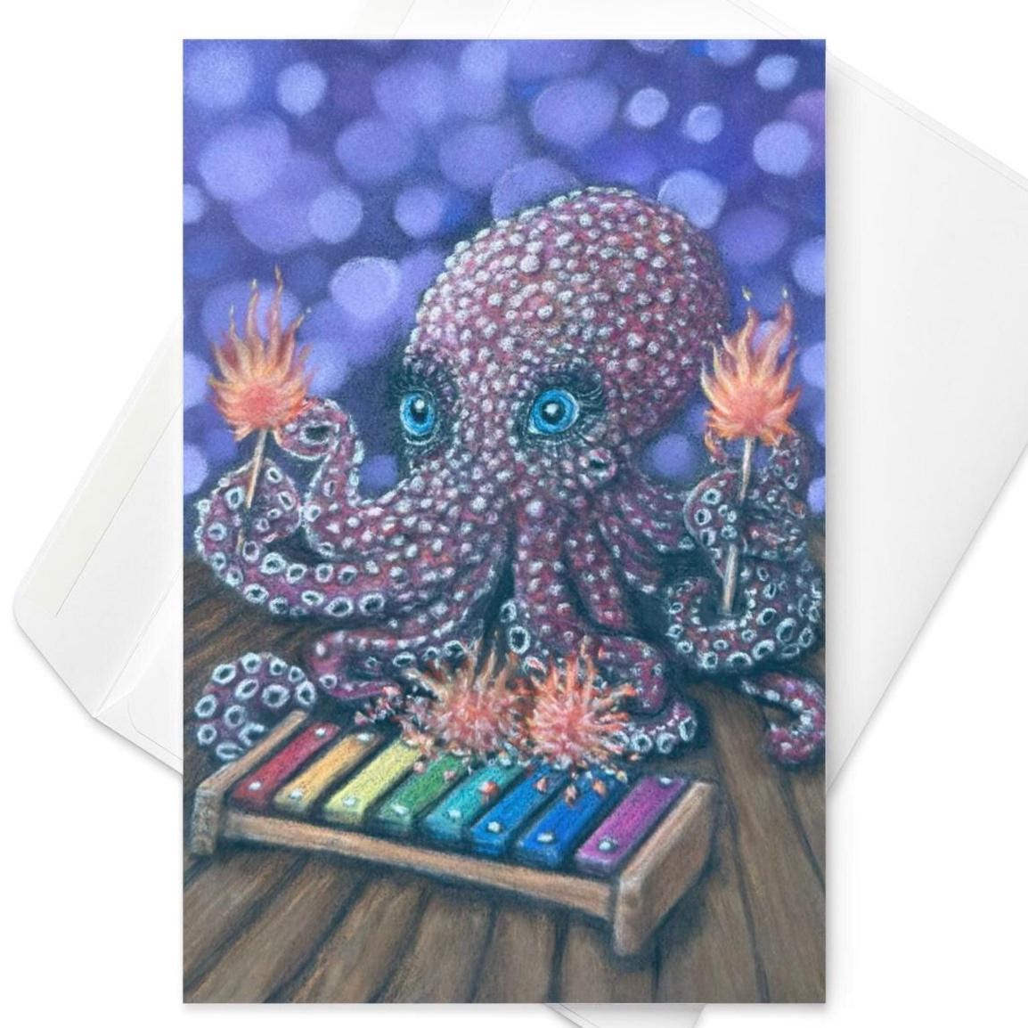 Whimsical Octopus Playing a Xylophone Greeting Card with Hand Drawn Pastel Artwork for Animal Lovers and Music Fans - aGuyWithMSthatDraws