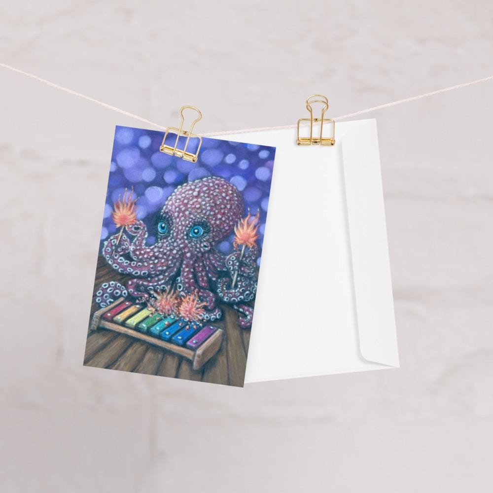 Whimsical Octopus Playing a Xylophone Greeting Card with Hand Drawn Pastel Artwork for Animal Lovers and Music Fans - aGuyWithMSthatDraws
